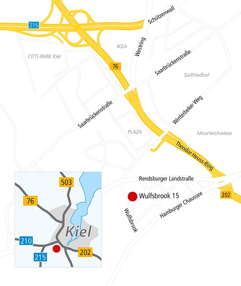 Anfahrtsskizze zur Kanzlei im Wulfsbrook 15 in Kiel, nahe Theodor-Heuss-Ring und Hamburger Chaussee